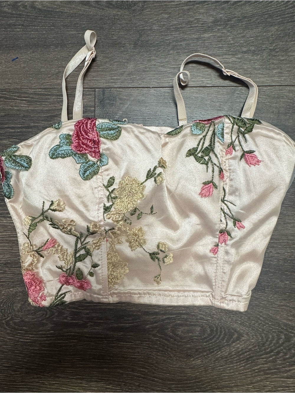 Charlotte Russe Floral Embroidered Satin Bustier Top - Pink & Green